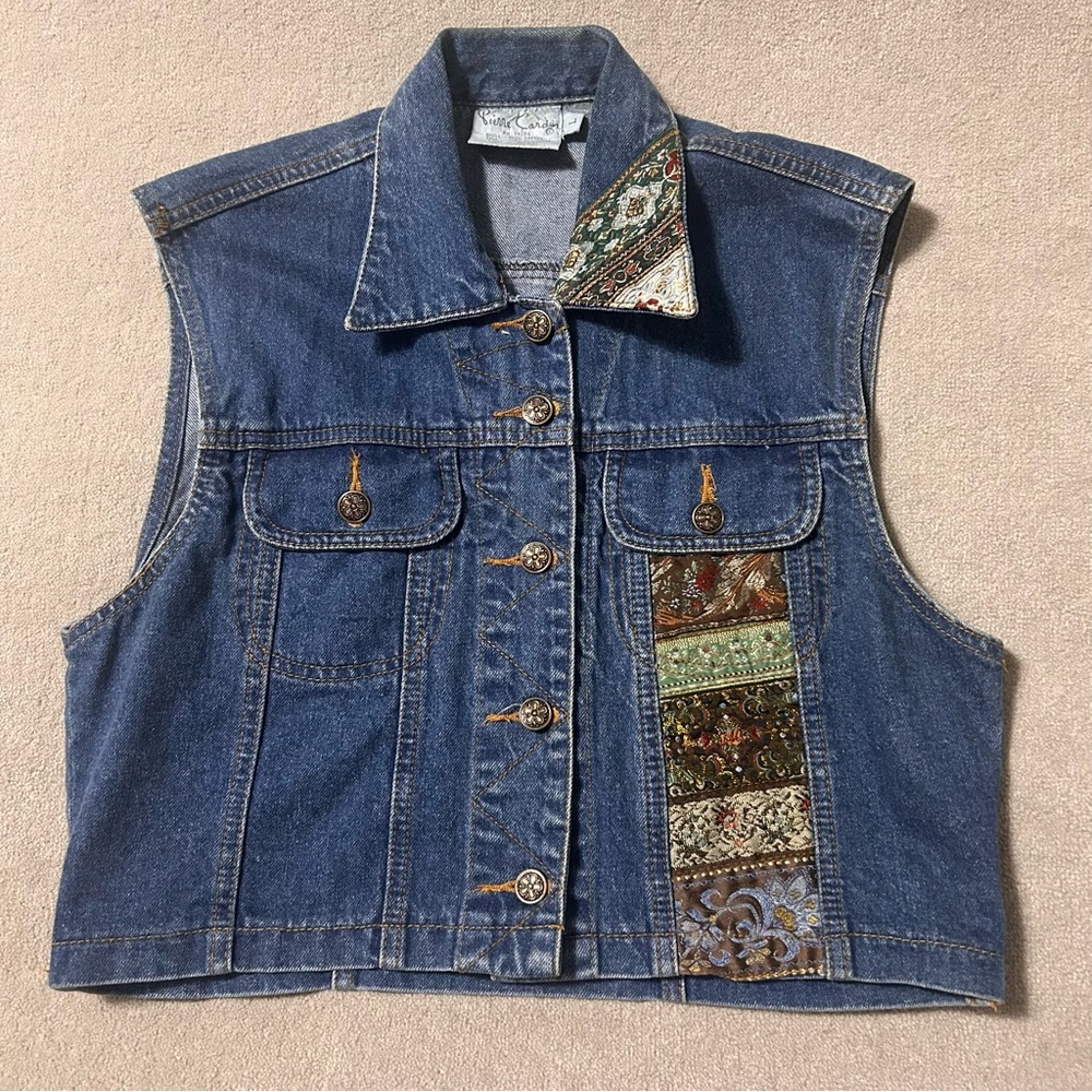Vintage 90s Pierre Cardin Denim Ribbon Tapestry Button Vest - Size Large